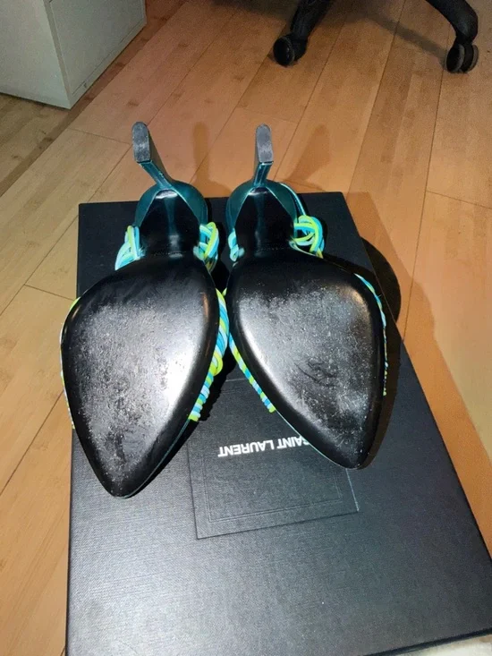 Saint Laurent Teal Satin Knotted Strap Stiletto Sandals - Picture 6 of 6